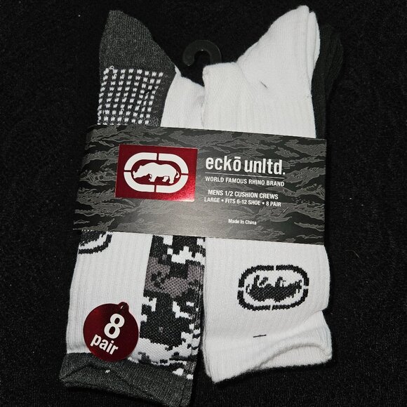 NWT ecko unltd. Men's 1/2 Cushion Crew Socks (8 pair) (Sock size 10-13) - Picture 1 of 6